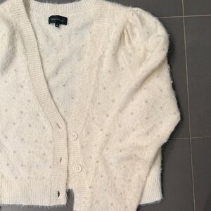 Women's Cream Button-Up pearl Embellished Fuzzy Cardigan Sweater